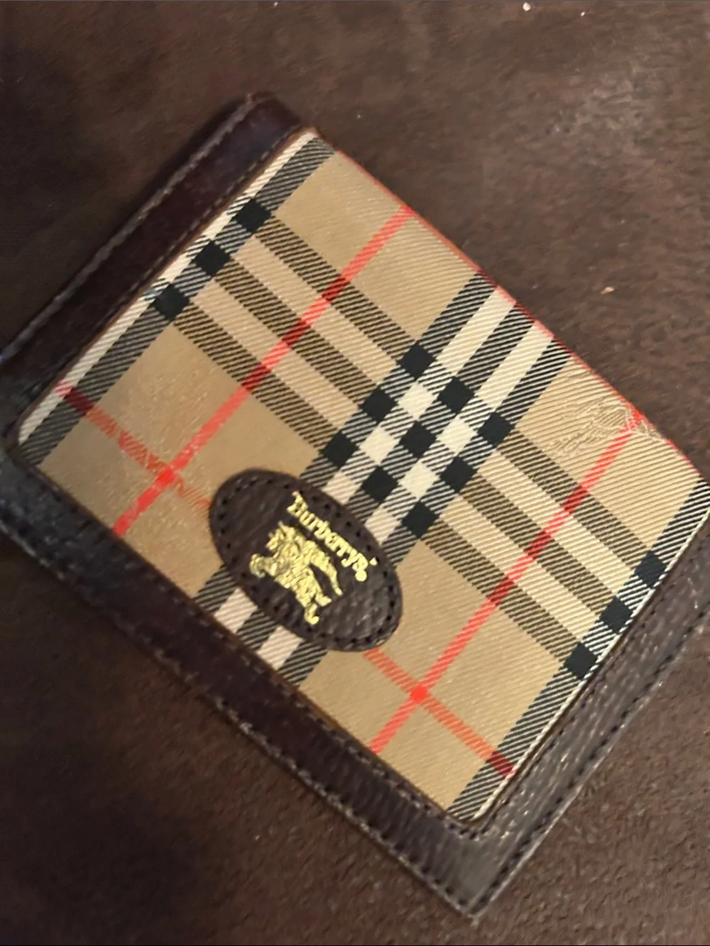 Burberry Beige Check Bifold Wallet with Brown Trim and Red Accents